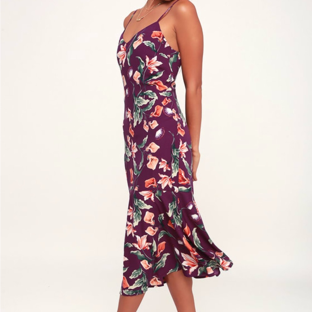 Purple floral print midi dress from Lulus